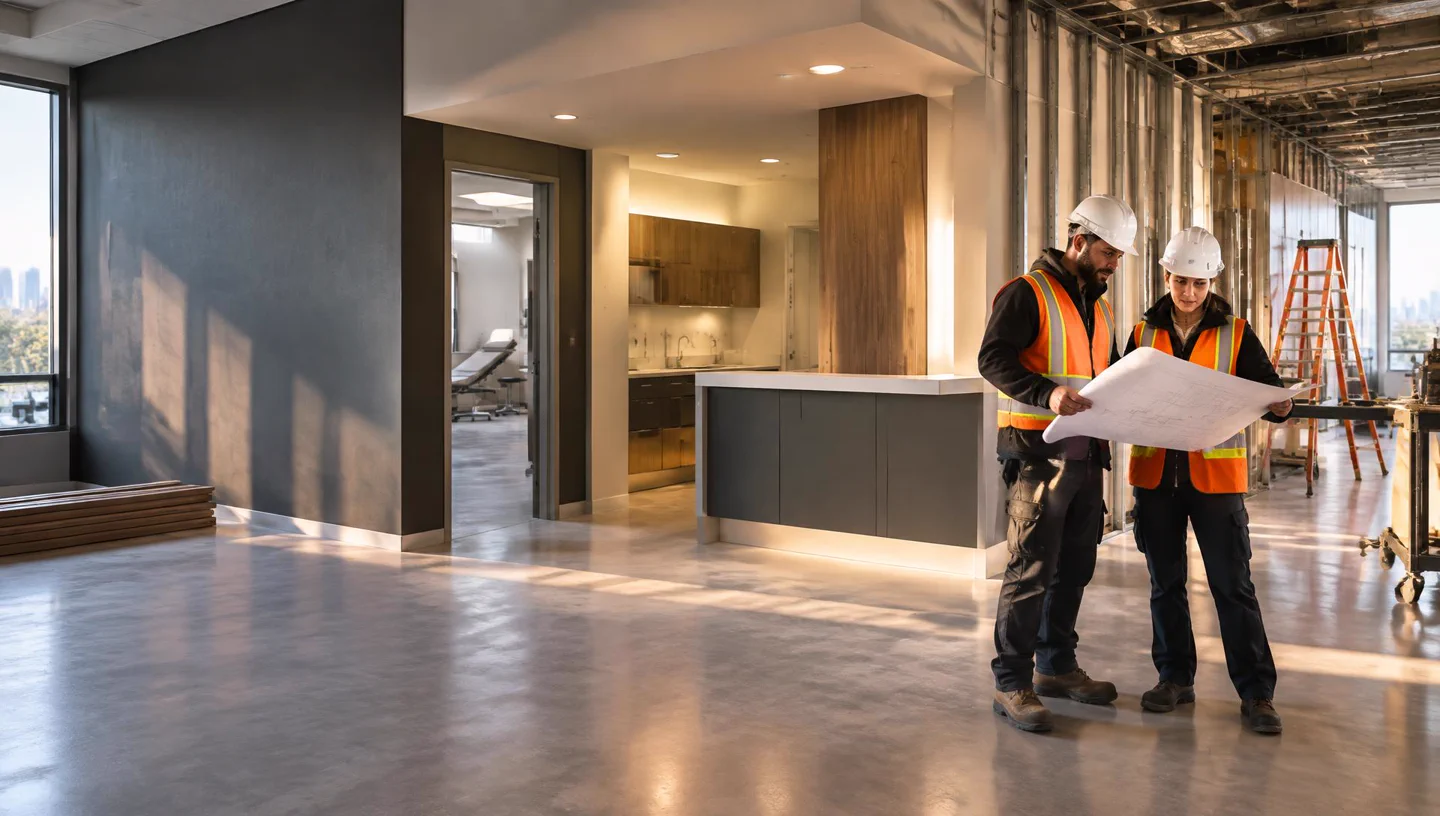 AlexOn team reviewing construction plans inside a medical clinic renovation
