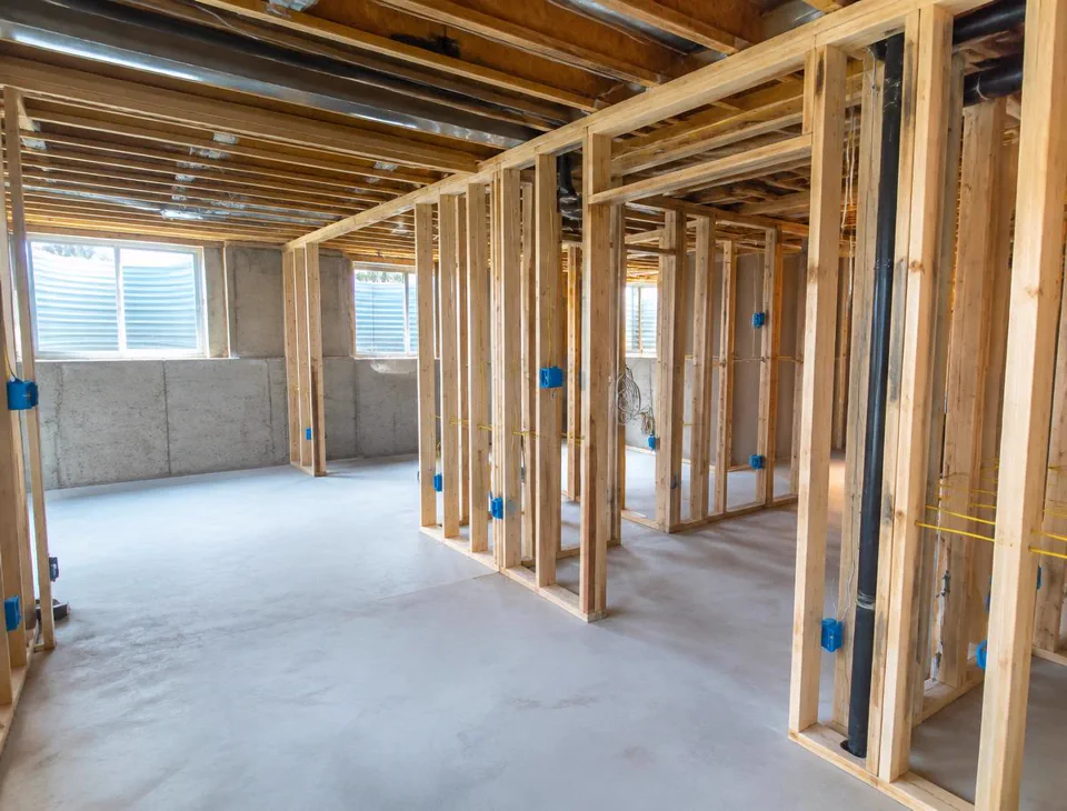 Residential basement renovation in framing stage with wood stud walls